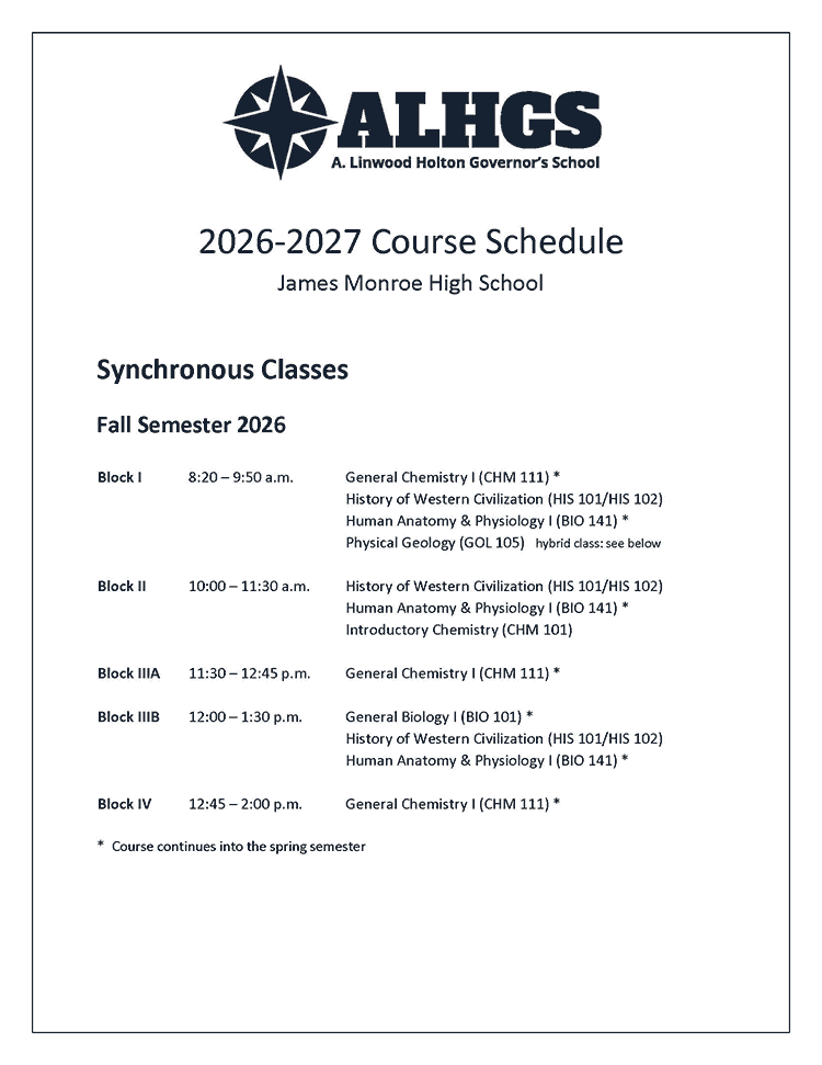 2026-2027 Course Schedule, page 1