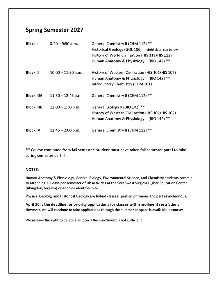 2026-2027 Course Schedule, page 2