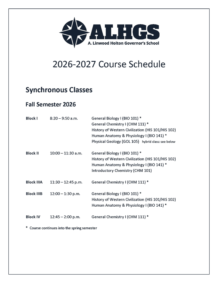 2026-2027 Course Schedule, page 1